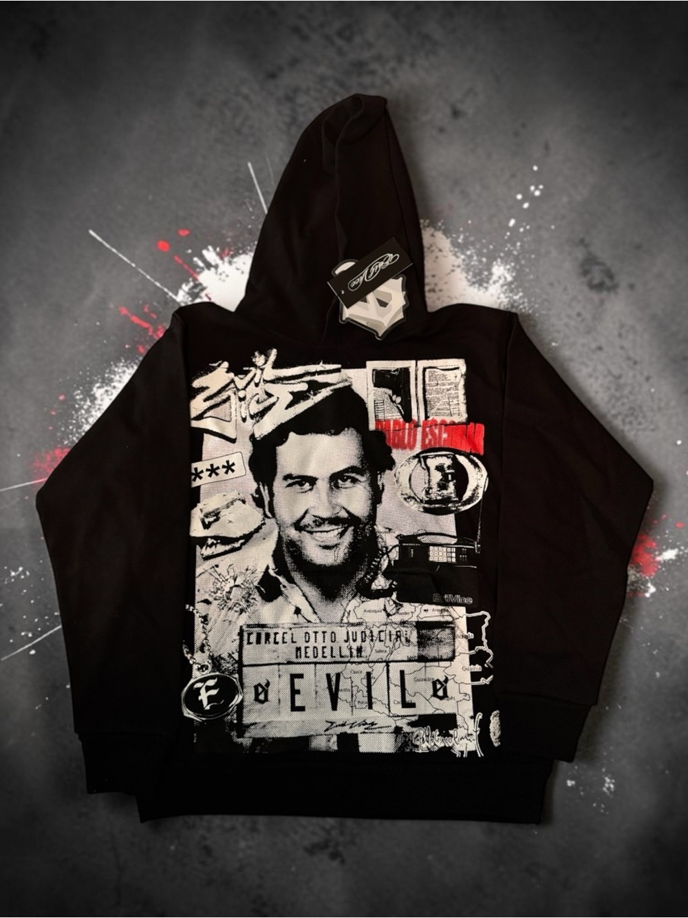 Black Graphic Zip-Up Hoodie with Red Accent